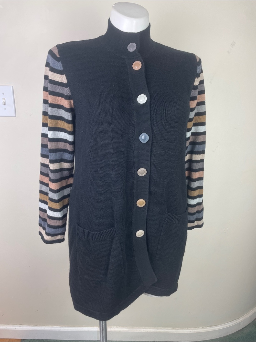 Bob Mackie Wearable Art Striped Sleeves Mismatched Buttons